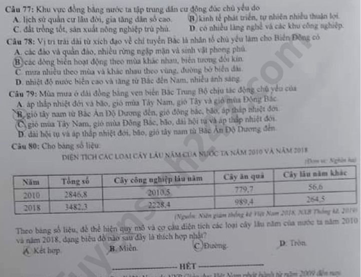 Dap an ma de 310 mon Dia thi Tot nghiep THPT nam 2020