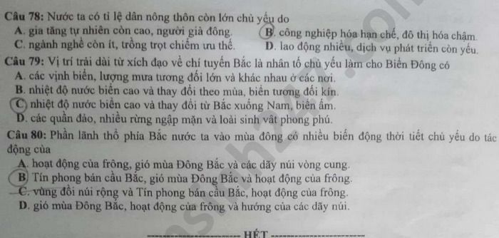 Dap an de thi mon Dia thi Tot nghiep THPT nam 2020 ma de 312