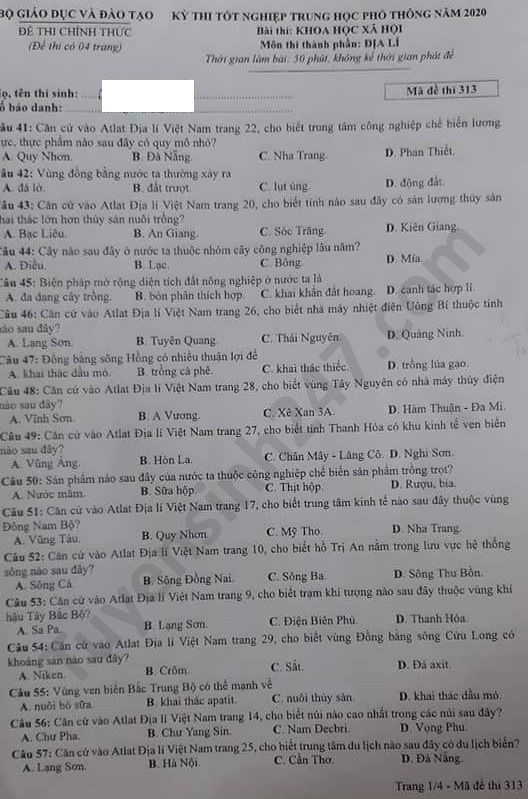 Dap an de thi mon Dia thi Tot nghiep THPT nam 2020 ma de 313
