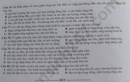 Dap an de thi mon Dia thi Tot nghiep THPT nam 2020 ma de 313