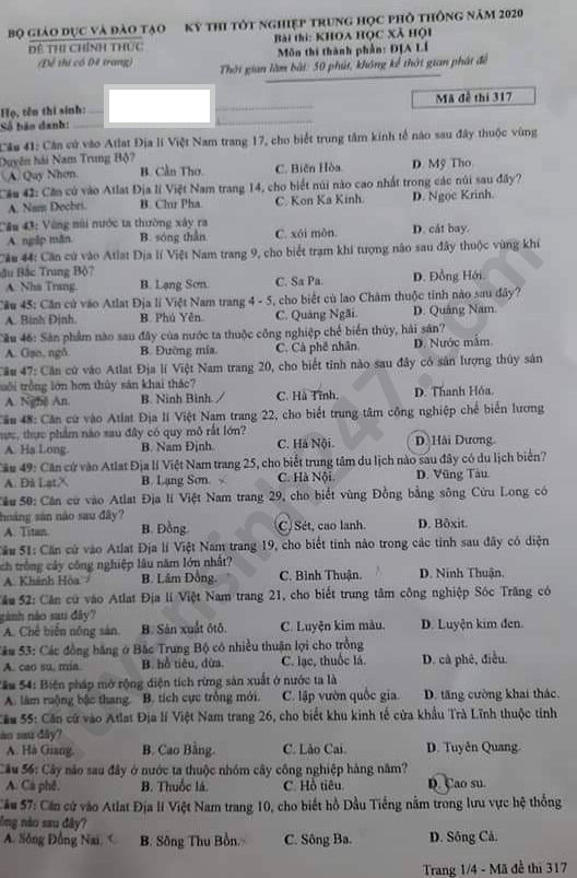 Dap an de thi Tot nghiep THPT ma de 317 mon Dia nam 2020