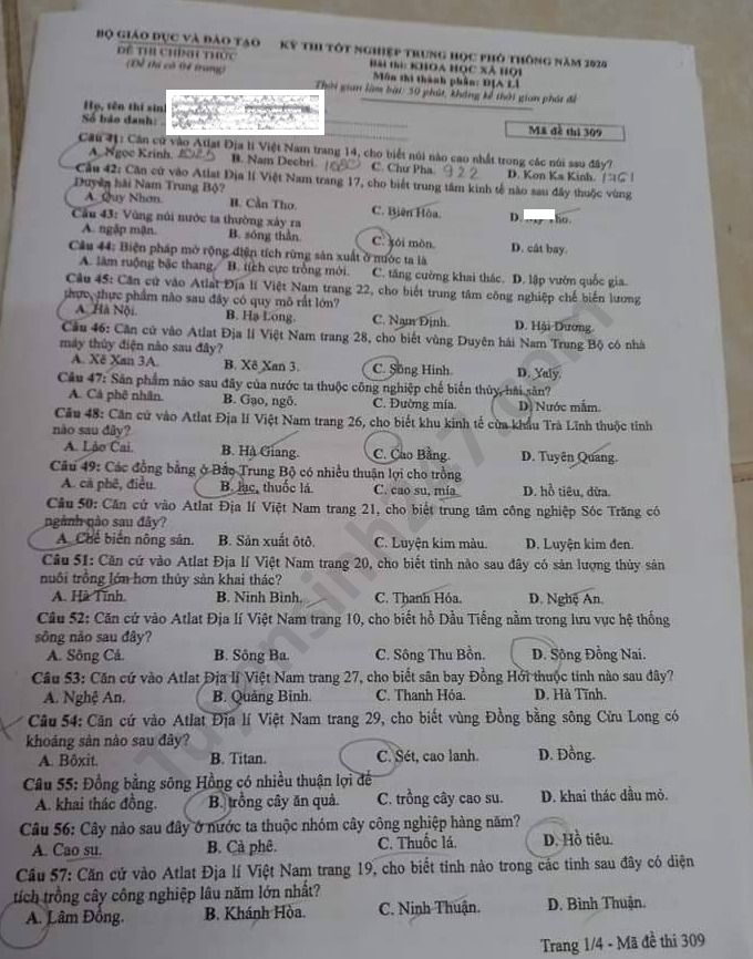 Dap an de thi Tot nghiep THPT nam 2020 mon Dia ma de 309