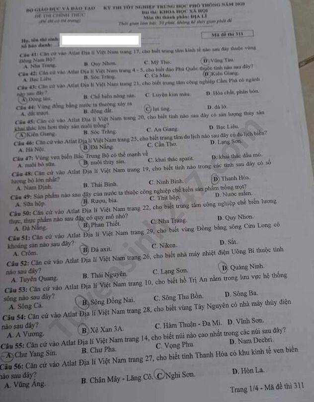 Dap an de thi Tot nghiep THPT mon Dia ma de 311 nam 2020