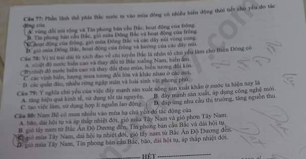 Dap an de thi Tot nghiep THPT ma de 314 mon Dia nam 2020