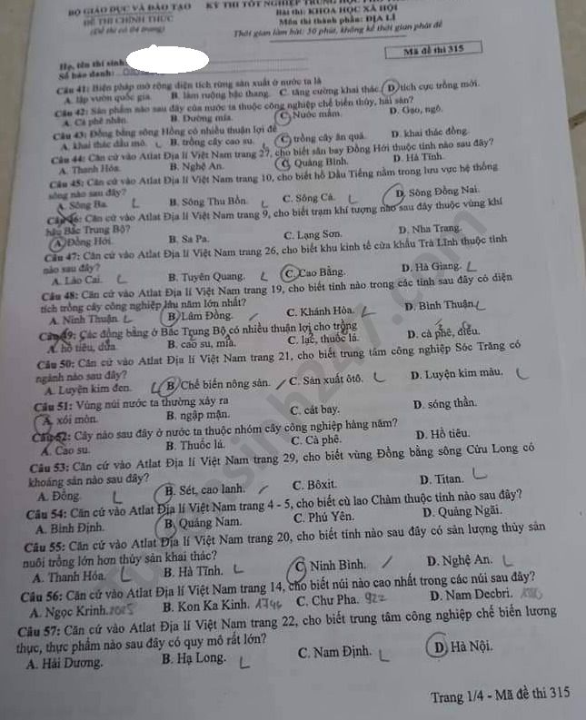 Dap an ma de 315 thi Tot nghiep THPT mon Dia nam 2020