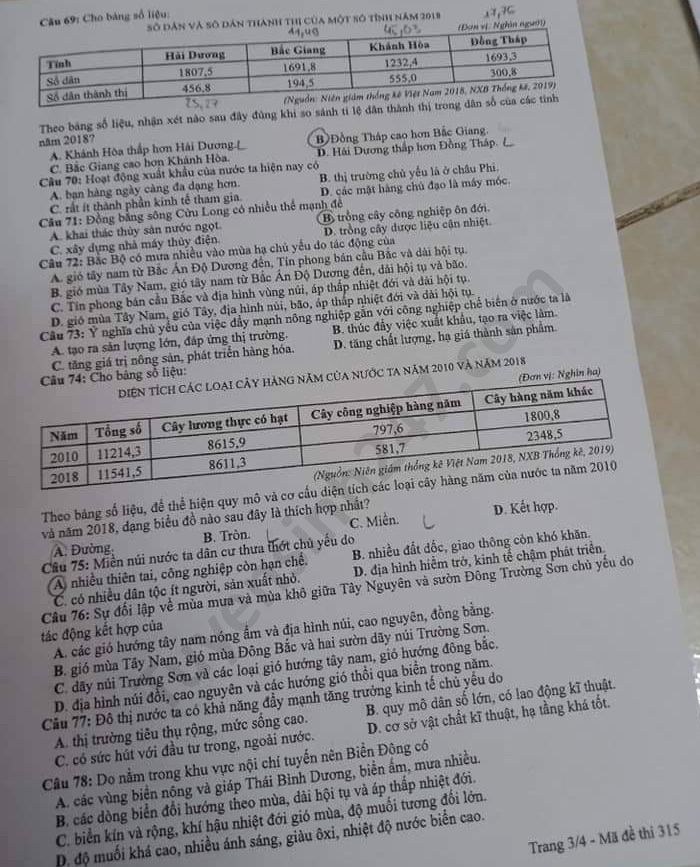 Dap an ma de 315 thi Tot nghiep THPT mon Dia nam 2020