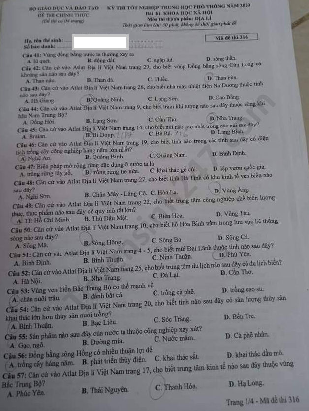 Dap an de thi Tot nghiep THPT ma de 316 mon Dia nam 2020
