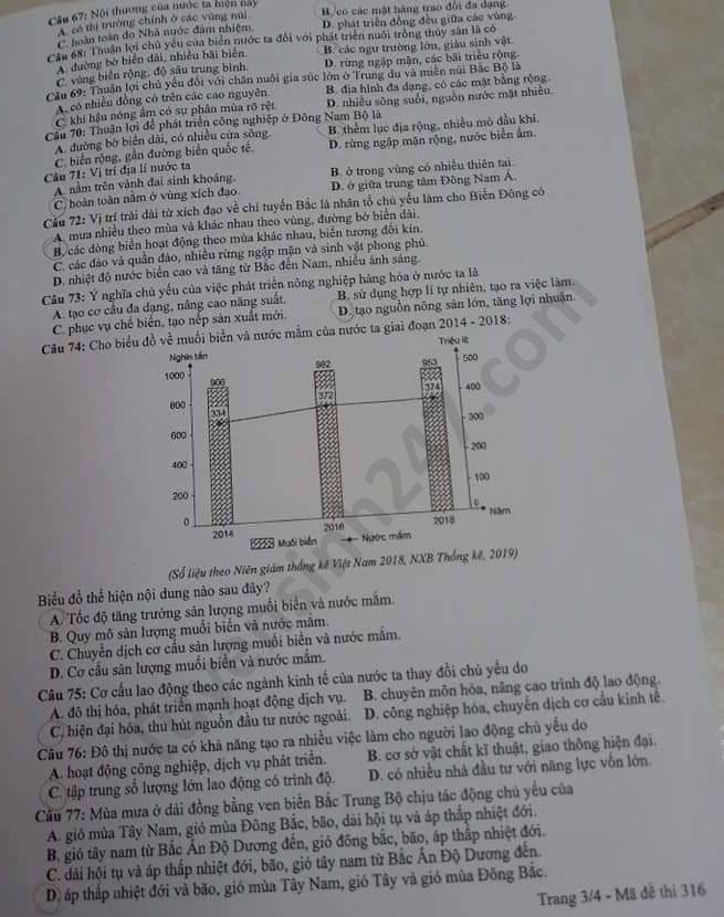 Dap an de thi Tot nghiep THPT ma de 316 mon Dia nam 2020