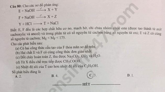 Dap an de thi tot nghiep THPT 2020 ma de 201 mon Hoa
