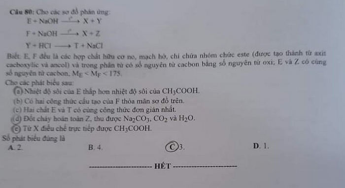 Dap an de thi mon Hoa ma de 202 thi tot nghiep THPT 2020
