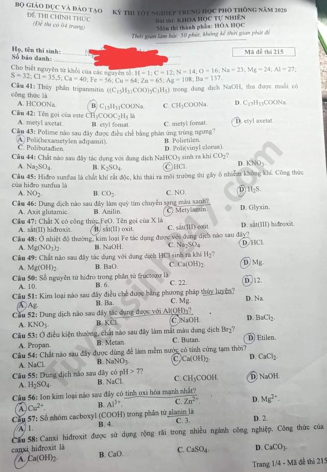 Dap an de thi mon Hoa tot nghiep THPT nam 2020 ma de 215