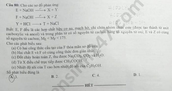 Dap an de thi mon Hoa tot nghiep THPT nam 2020 ma de 215