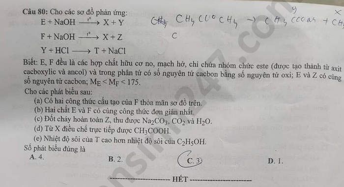 Dap an de thi mon Hoa ma de 223 thi tot nghiep THPT 2020