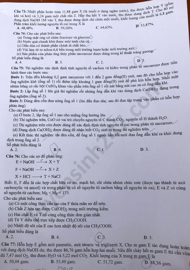 Dap an de thi mon Hoa ma de 205 tot nghiep THPT nam 2020