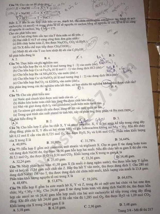Dap an de thi tot nghiep THPT nam 2020 mon Hoa ma de 217