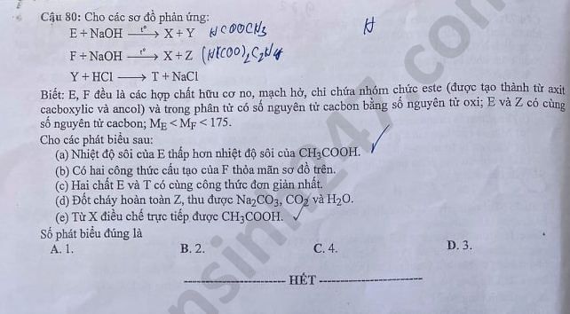 Dap an de thi mon Hoa tot nghiep THPT 2020 ma de 224