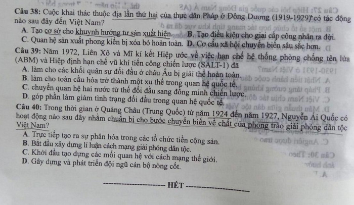 Dap an de thi tot nghiep THPT nam 2020 mon Su ma de 301