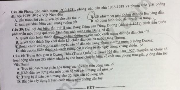 Dap an de thi mon Su ma de 302 thi tot nghiep THPT nam 2020