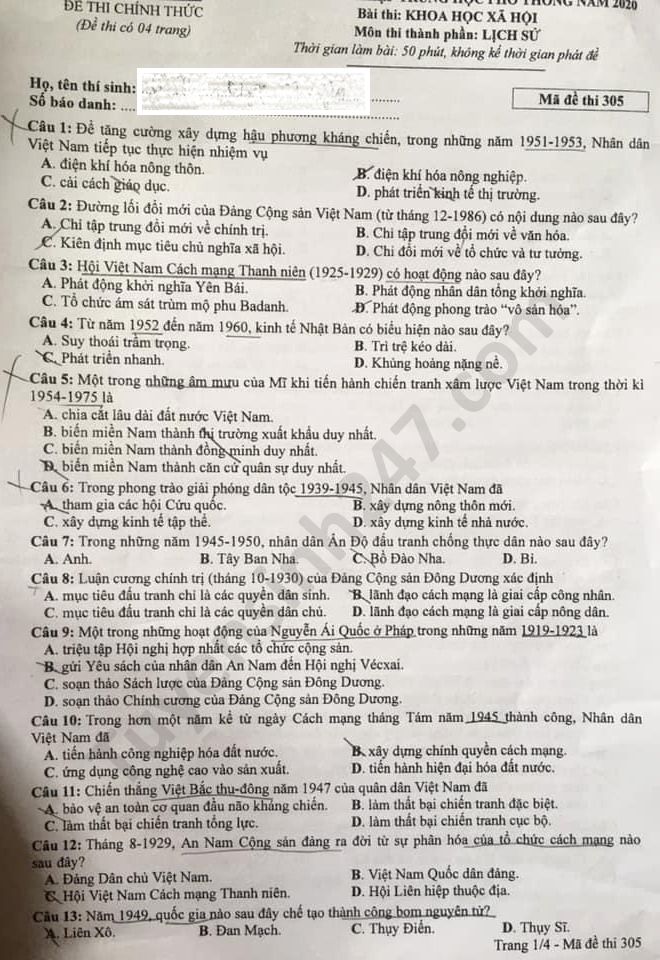 Dap an de thi mon Su Tot nghiep THPT nam 2020 ma de 305