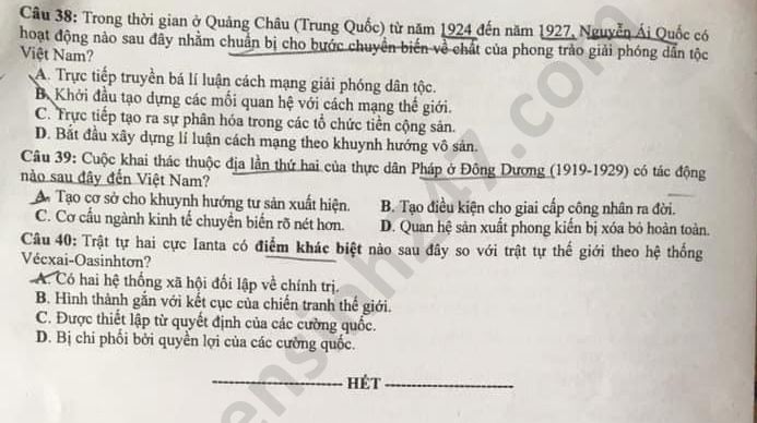 Dap an de thi mon Su Tot nghiep THPT nam 2020 ma de 305