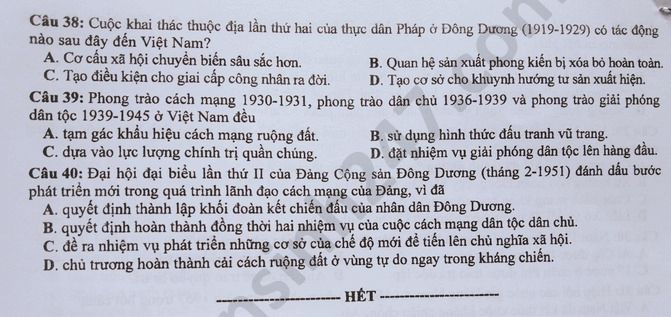 Dap an de thi Tot nghiep THPT nam 2020 mon Su ma de 309