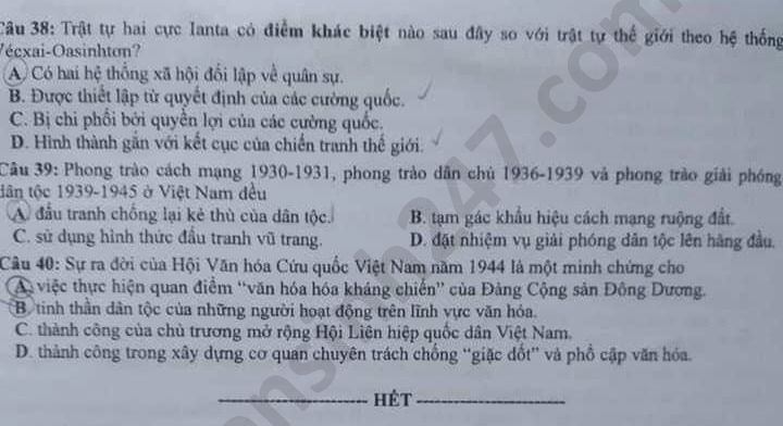 Dap an de thi mon Su thi Tot nghiep THPT nam 2020 ma de 312