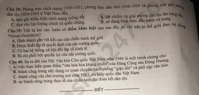 Dap an de thi mon Su ma de 317 thi Tot nghiep THPT nam 2020