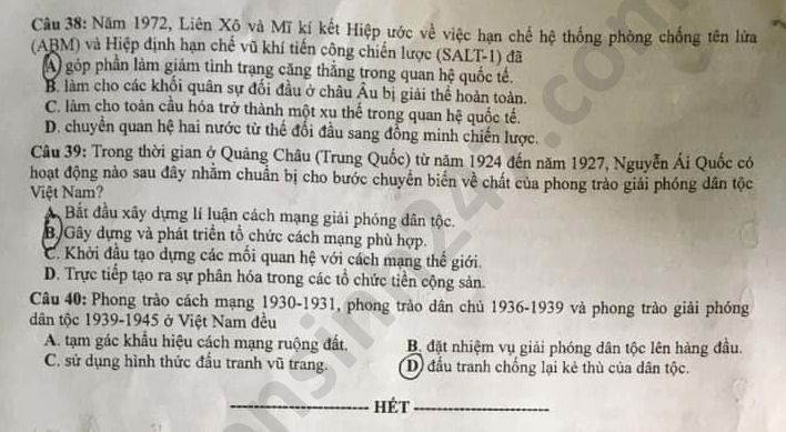 Dap an de thi Tot nghiep THPT ma de 320 mon Su nam 2020