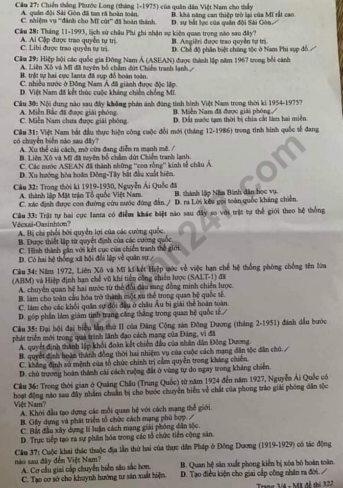 Dap an de thi Tot nghiep THPT ma de 322 mon Su nam 2020