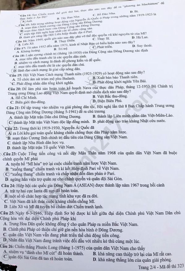 Dap an de thi Tot nghiep THPT mon Su ma de 323 nam 2020