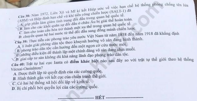 Dap an de thi Tot nghiep THPT mon Su ma de 323 nam 2020