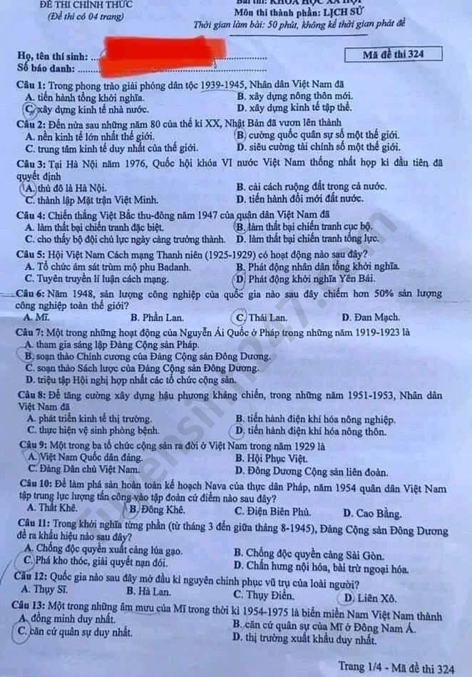 Dap an de thi Tot nghiep THPT ma de 324 mon Su nam 2020