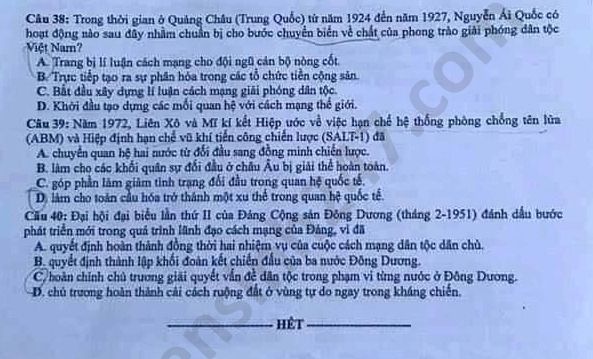 Dap an de thi Tot nghiep THPT ma de 324 mon Su nam 2020