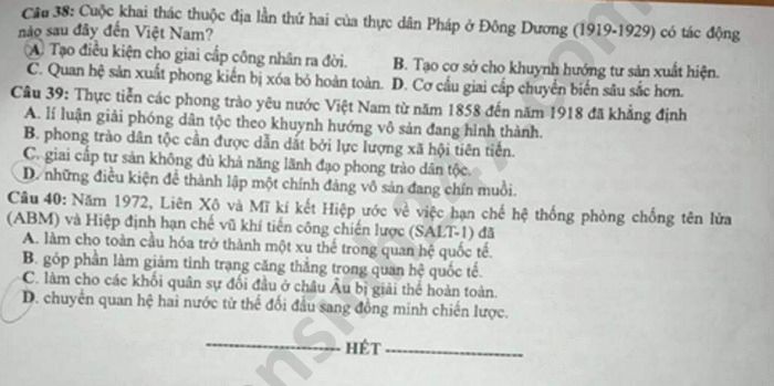 Dap an de thi tot nghiep THPT mon Su ma de 304 nam 2020