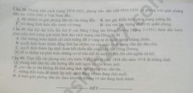Dap an ma de 307 thi Tot nghiep THPT mon Su nam 2020