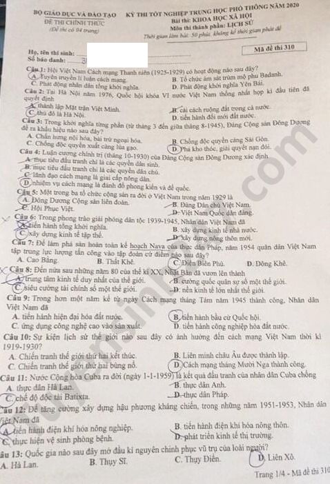 Dap an de thi mon Su ma de 310 thi Tot nghiep THPT nam 2020