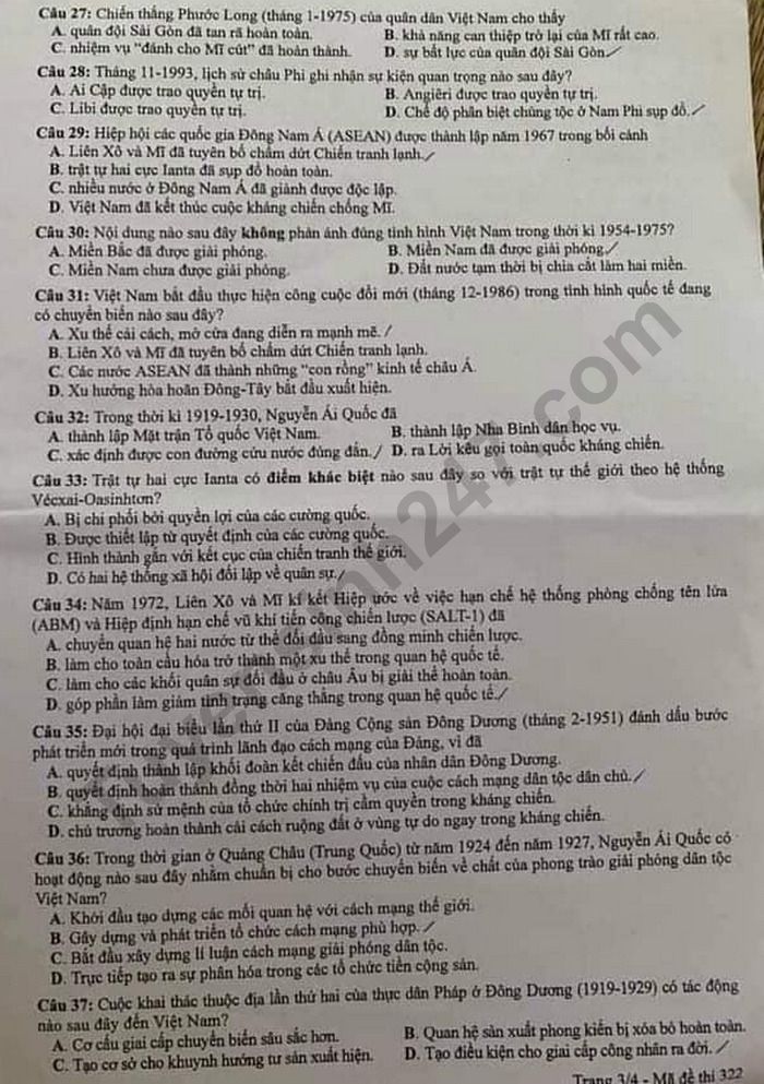 Dap an de thi Tot nghiep THPT mon Su ma de 322nam 2020