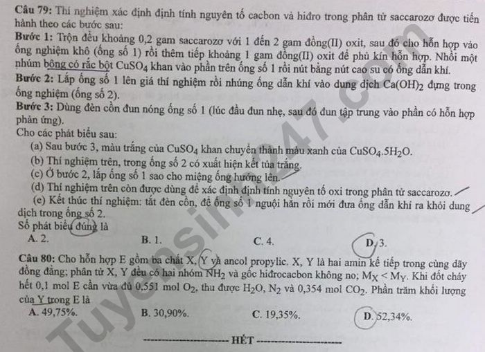 Dap an de thi mon Hoa ma de 212 tot nghiep THPT nam 2020
