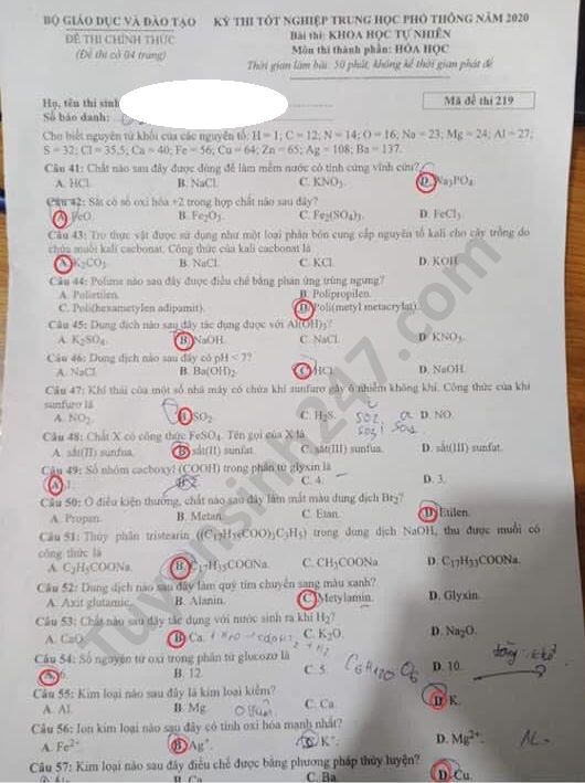 Dap an de thi mon Hoa tot nghiep THPT 2020 ma de 219
