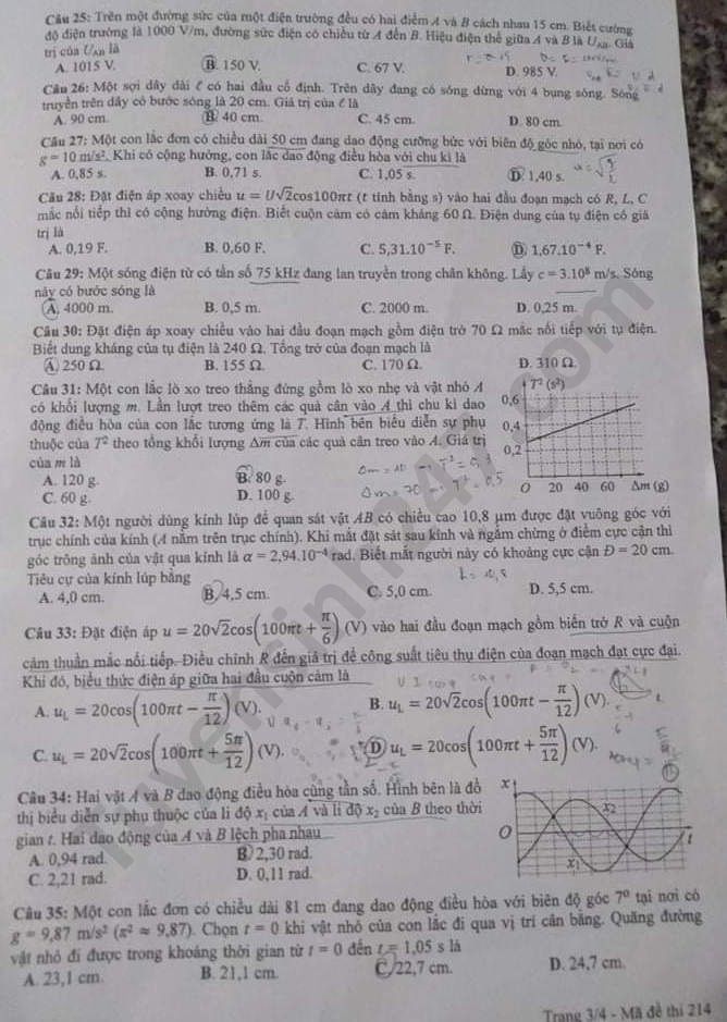 Dap an de thi mon Ly ma de 214 thi tot nghiep THPT 2020