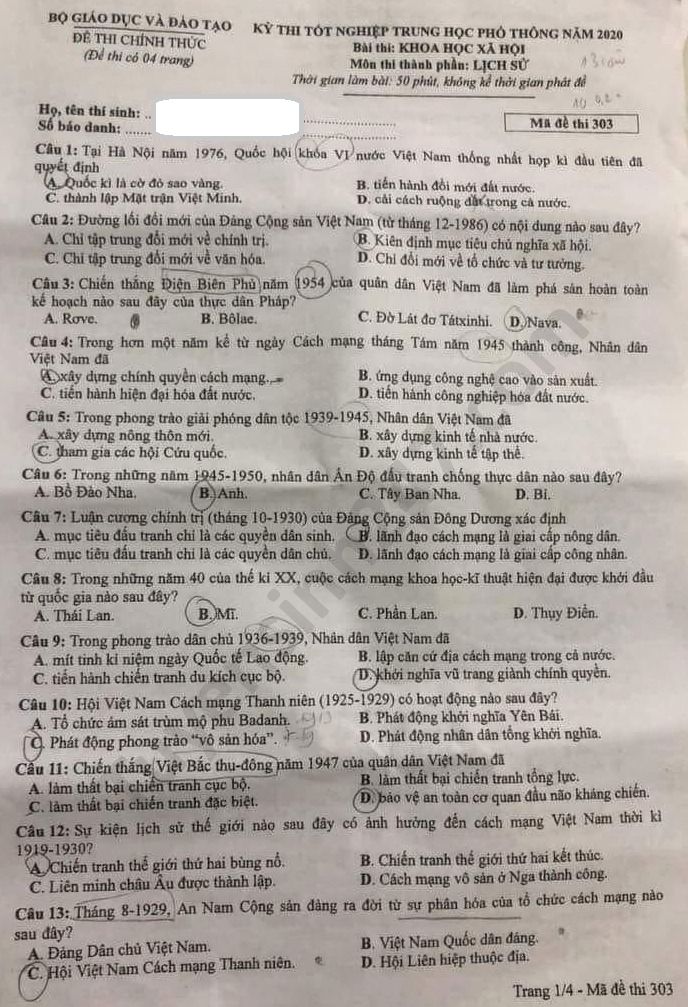 Dap an ma de 303 mon Su thi Tot nghiep THPT nam 2020