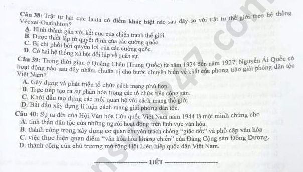 Dap an de thi Tot nghiep THPT ma de 306 mon Su nam 2020