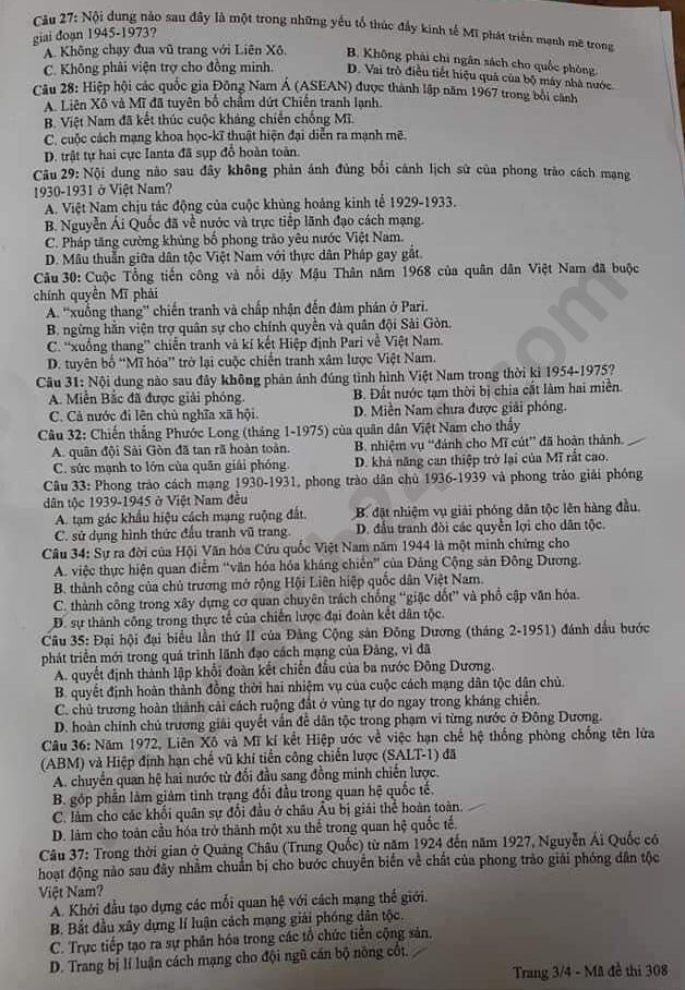 Dap an de thi Tot nghiep THPT ma de 308 mon Su nam 2020
