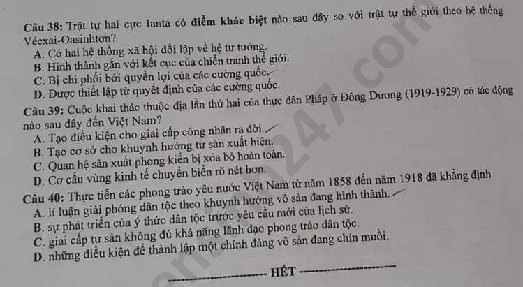 Dap an de thi Tot nghiep THPT ma de 308 mon Su nam 2020