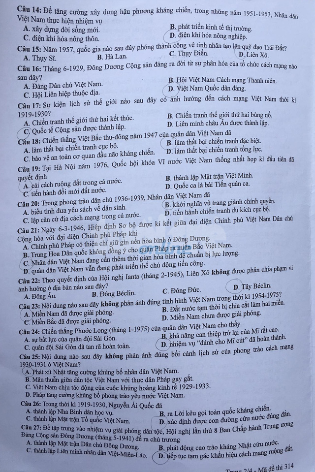 Dap an ma de 314 thi Tot nghiep THPT mon Su nam 2020