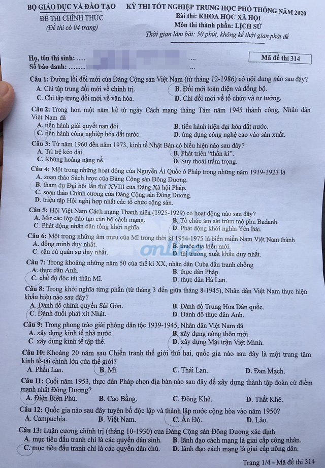 Dap an ma de 314 thi Tot nghiep THPT mon Su nam 2020