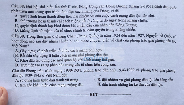 Dap an ma de 314 thi Tot nghiep THPT mon Su nam 2020