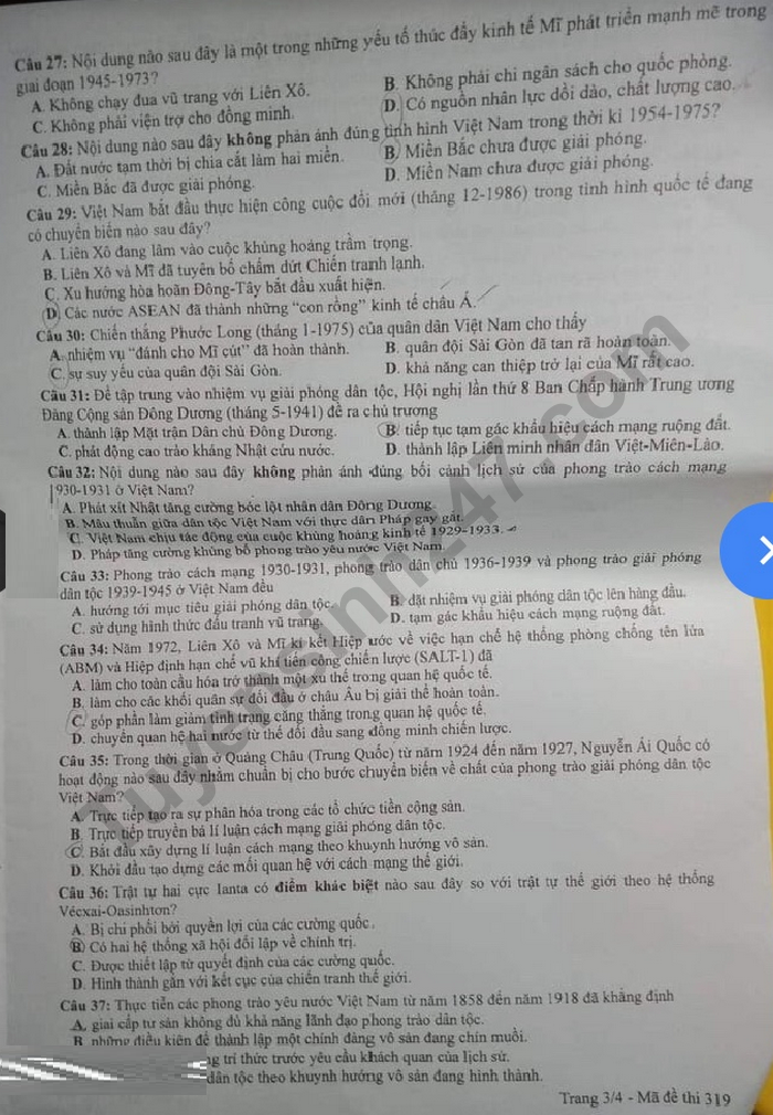 Dap an de thi Tot nghiep THPT ma de 319 mon Su nam 2020