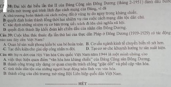 Dap an de thi Tot nghiep THPT ma de 319 mon Su nam 2020