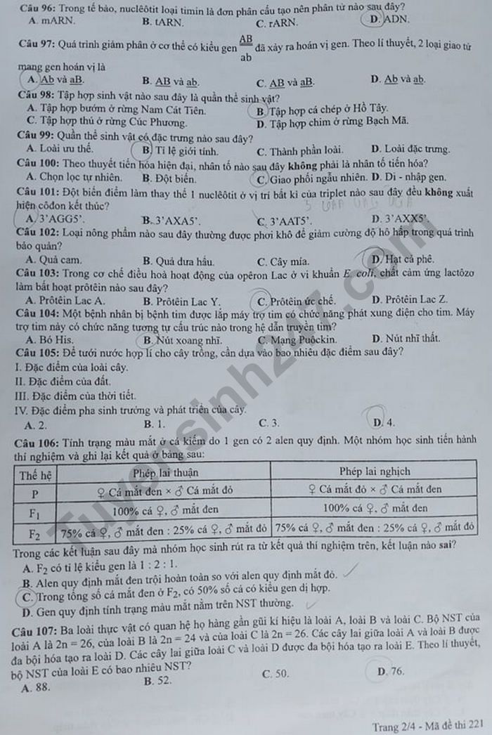 Dap an de thi mon Sinh ma de 221 tot nghiep THPT nam 2020